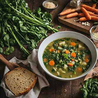 Soupe aux épinards, carottes et céleri parfumée au basilic