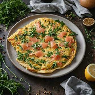 Omelette au saumon fumé et baies roses, accompagnée de roquette