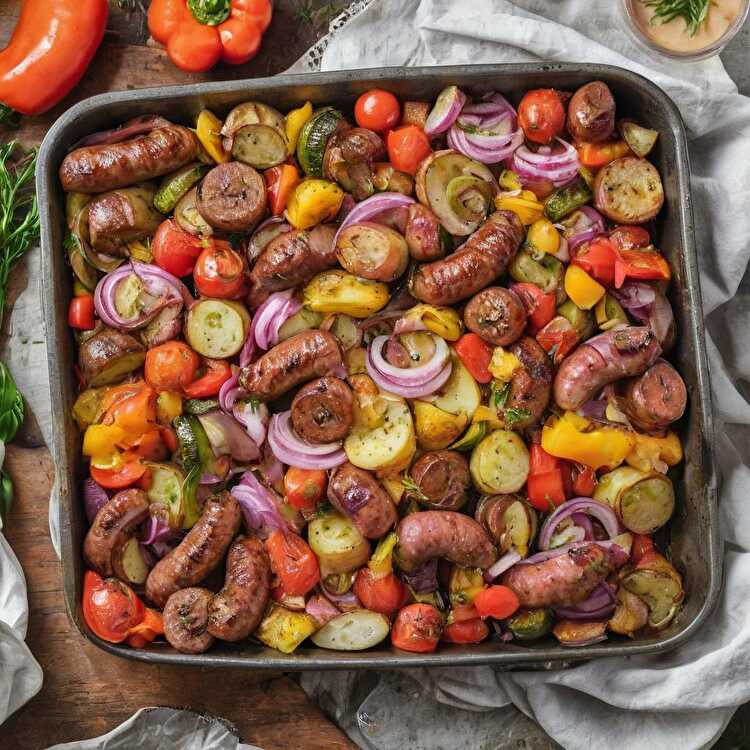 image Poêlée rustique de saucisses de volaille et légumes colorés