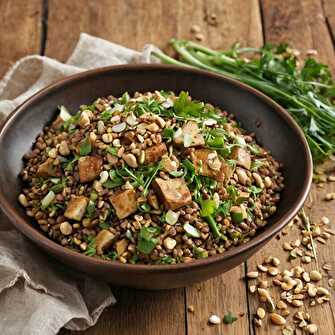 Salade Réconfortante de Lentilles Vertes et Tofu Fumé